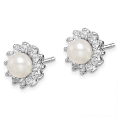 Sterling Silver Rhodium Plated CZ and FW Cultured Pearl Post Ear
