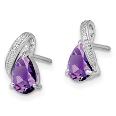 Sterling Silver Rhodium Plated Diamond and Amethyst Post Earrings - 4