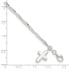 Sterling Silver 10 in Solid Polished Cross on Fancy Link Anklet