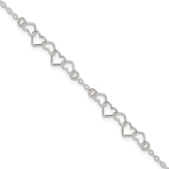 Sterling Silver 9inch Polished Fancy Heart Link Anklet