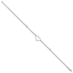 Sterling Silver Open Heart and Bead 9 inch Plus 1 inch Extender - Total 10 inch Anklet