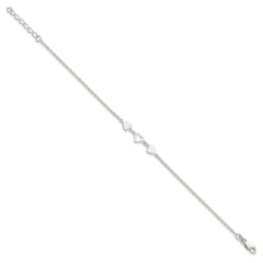 Sterling Silver Three Hearts 9 inch Plus 1 inch Extender - Total 10 inch Anklet