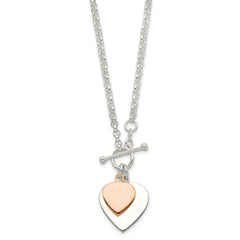 Sterling Silver w/Rose gold-plat Engraveable Double Heart Toggle Necklace