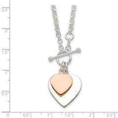 Sterling Silver w/Rose gold-plat Engraveable Double Heart Toggle Necklace