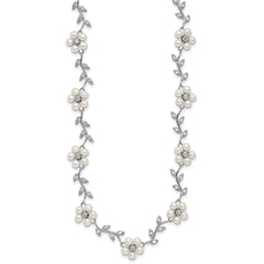 Sterling Silver Rhodium-plated CZ Vine Pattern and Fresheater Cultured Pearl Floral 16 inch Necklace