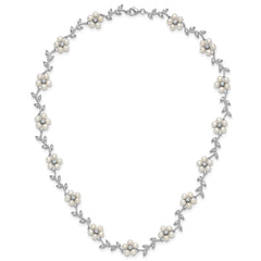 Sterling Silver Rhodium-plated CZ Vine Pattern and Fresheater Cultured Pearl Floral 16 inch Necklace