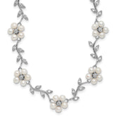 Sterling Silver Rhodium-plated CZ Vine Pattern and Fresheater Cultured Pearl Floral 16 inch Necklace