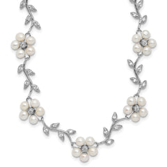Sterling Silver Rhodium-plated CZ Vine Pattern and Fresheater Cultured Pearl Floral 16 inch Necklace