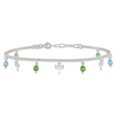 Sterling Silver Dragonfly with Aqua and Green Beads 10 inch Plus 1 inch Extender - Total 11 inch Anklet