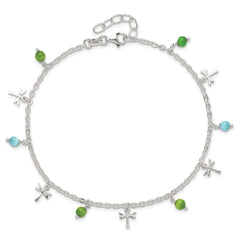 Sterling Silver Dragonfly with Aqua and Green Beads 10 inch Plus 1 inch Extender - Total 11 inch Anklet