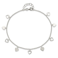 Sterling Silver Double Heart 10 inch Plus 1 inch Extender - Total 11 inch Anklet
