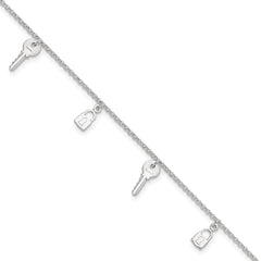 Sterling Silver Lock and Key 9 inch Plus 1 inch Extender - Total 10 inch Anklet