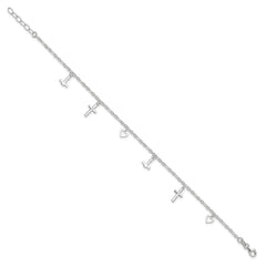 Sterling Silver Cross/Heart/Anchor 10 inch Plus 1 inch Extender - Total 11 inch Anklet
