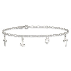 Sterling Silver Cross/Heart/Anchor 10 inch Plus 1 inch Extender - Total 11 inch Anklet