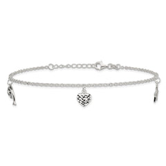 Sterling Silver Heart/Star/Dolphin Charms 9 inch Plus 1 inch Extender - Total 10 inch Anklet