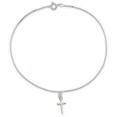 Sterling Silver 10 in Solid Polished Cross on Box Chain Anklet
