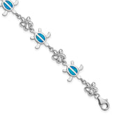Sterling Silver Rhodium-plated Polished 7 inch Created Blue Opal Tortoise with Flower Bracelet