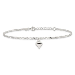 Sterling Silver Figaro Chain with Heart Charm 9 inch Plus 1 inch Extender - Total 10 inch Anklet