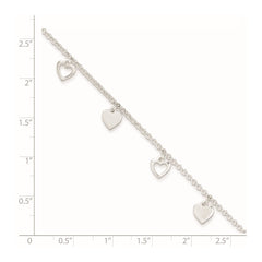 Sterling Silver Heart Charms 9 inch Plus 1 inch Extender - Total 10 inch Anklet