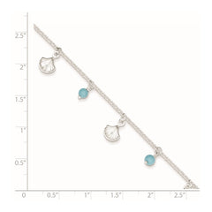 Sterling Silver Shells and Aqua Beads 9 inch Plus 1 inch Extender - Total 10 inch Anklet