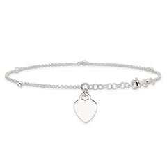 Sterling Silver Engravable Heart with Beads 9 inch Plus 1 inch Extender - Total 10 inch Anklet