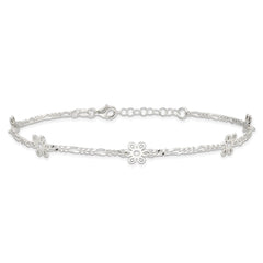 Sterling Silver Figaro Chain/Flowers 5-Station 9 inch Plus 1 inch Extender - Total 10 inch Anklet