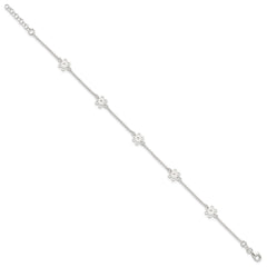 Sterling Silver Cable Chain/Flowers 5-Station 9 inch Plus 1 inch Extender - Total 10 inch Anklet