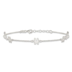 Sterling Silver Cable Chain/Flowers 5-Station 9 inch Plus 1 inch Extender - Total 10 inch Anklet