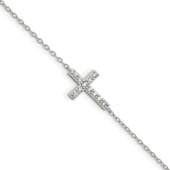 Sterling Silver Rhodium-plated CZ Sideways Cross w/1in Ext Bracelet - 3