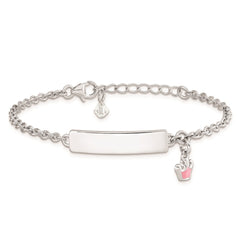 Sterling Silver Rhodium-plated Polished & Pink Enameled Crown with 1 Inch Extension Children's ID Bracelet