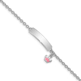 Sterling Silver Rhodium-plated Polished & Pink Enameled Crown with 1 Inch Extension Children's ID Bracelet