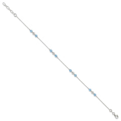 Sterling Silver Bead and Blue CZ 9 inch Plus 1 inch Extender - Total 10 inch Anklet
