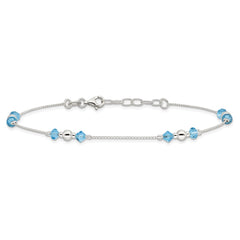 Sterling Silver Bead and Blue CZ 9 inch Plus 1 inch Extender - Total 10 inch Anklet