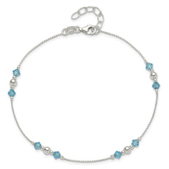 Sterling Silver Bead and Blue CZ 9 inch Plus 1 inch Extender - Total 10 inch Anklet
