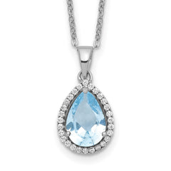 Sterling Silver Rhodium Polished Imitation Aquamarine & CZ Necklace