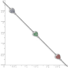 Sterling Silver Rhodium-plated Red, Green and Blue Glass Hearts with 1 Inch Extension Bracelet