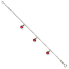 Sterling Silver Polished Enameled Ladybugs w/ 1in ext. Children's Bracelet