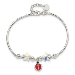 Sterling Silver Polished Enameled Ladybug & Crystal Stars with .75 Inch Extension Children's Bracelet