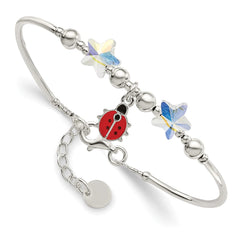 Sterling Silver Polished Enameled Ladybug & Crystal Stars with .75 Inch Extension Children's Bracelet