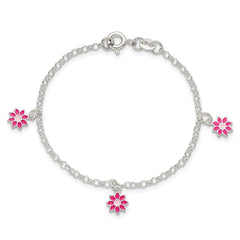 Sterling Silver Polished Pink Enameled Flowers Children's Bracelet