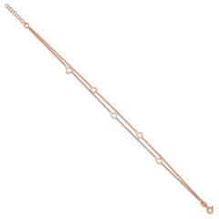 Sterling Silver Rose-tone Heart 2-Strand 9 inch Plus 1 inch Extender - Total 10 inch Anklet