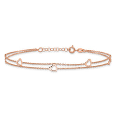 Sterling Silver Rose-tone Heart 2-Strand 10 inch Plus 1 inch Extender - Total 11 inch Anklet