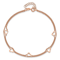 Sterling Silver Rose-tone Heart 2-Strand 9 inch Plus 1 inch Extender - Total 10 inch Anklet