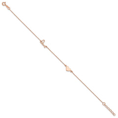 Sterling Silver Rose-tone Heart/LOVE Script 9 inch Plus 1 inch Extender - Total 10 inch Anklet