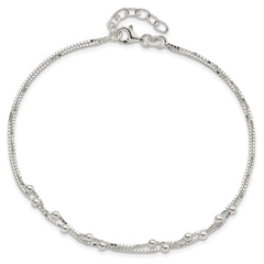 Sterling Silver Beaded 2-strand 9 inch Plus 1 inch Extender - Total 10 inch Anklet