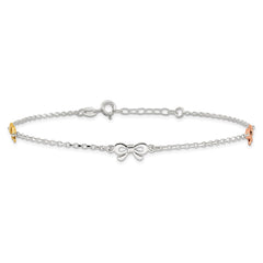 Sterling Silver Yellow and Rose-tone Bows 9in Plus 1in Ext. Anklet