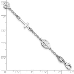 Sterling Silver RH-Plate Cross Miraculous Medal 6in w/1in ext Bracelet