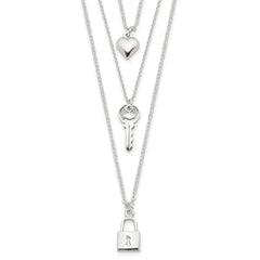 Sterling Silver Lock, Heart and Key Multi-Strand 16in Necklace