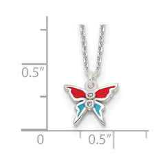 Sterling Silver Polished Red and Blue Enameled CZ Butterfly Children's Necklace