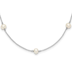 Sterling Silver Rhodium-plated 5-5.5mm White Semi-Round Freshwater Cultured Pearl 5-Station Children's 12 inch Necklace